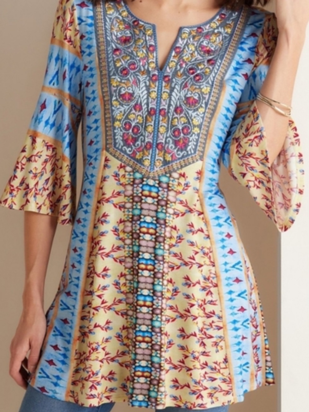 Boho Embroidered Yellow & Blue Tunic Dress
